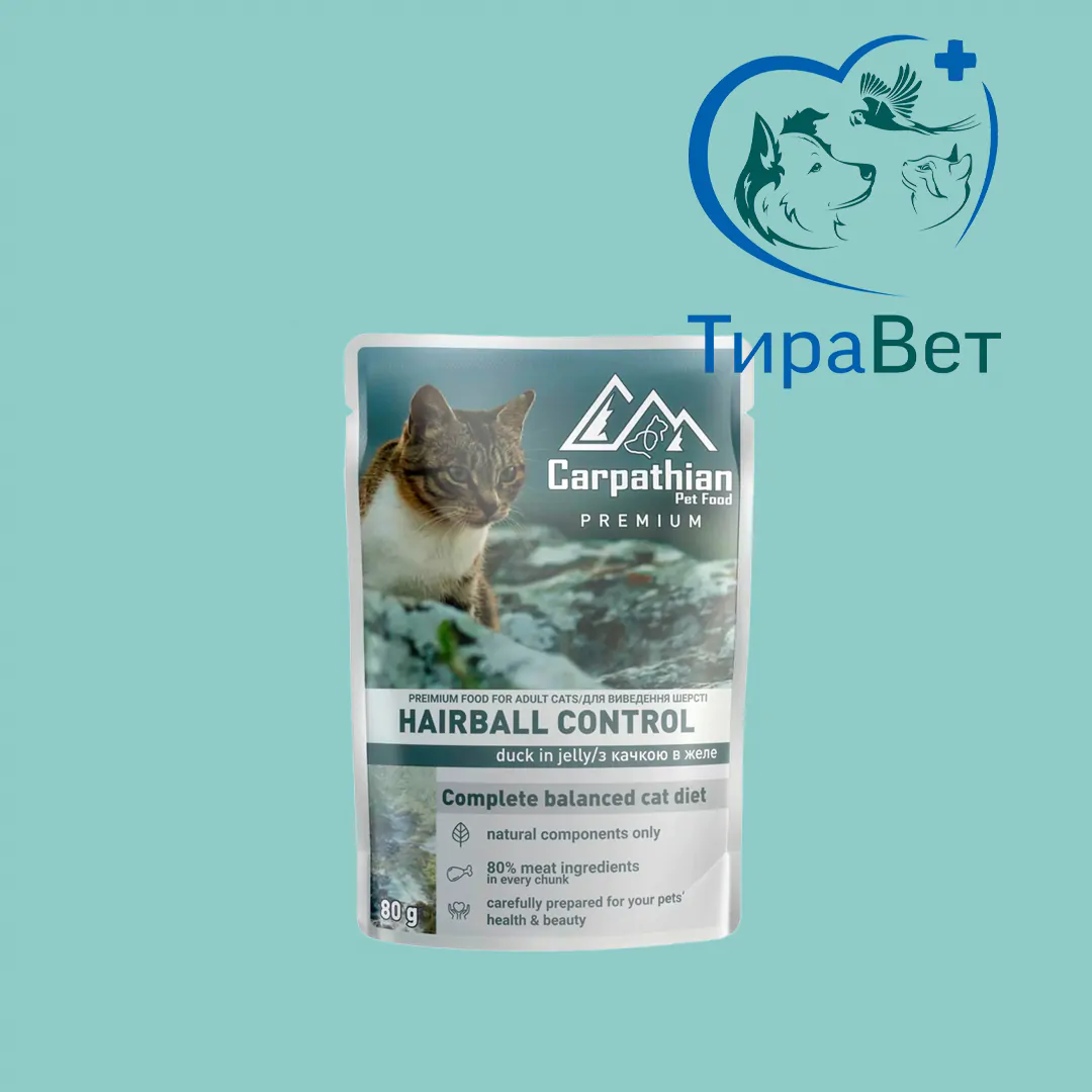 Корм для кошек влажный Carpathian Pet Food Hairball Control с уткой в ​​желе 80г
