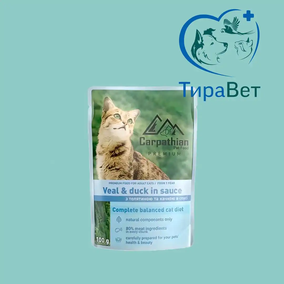 Корм для кошек влажный Carpathian Pet Food с телятиной и уткой в ​​соусе 100г
